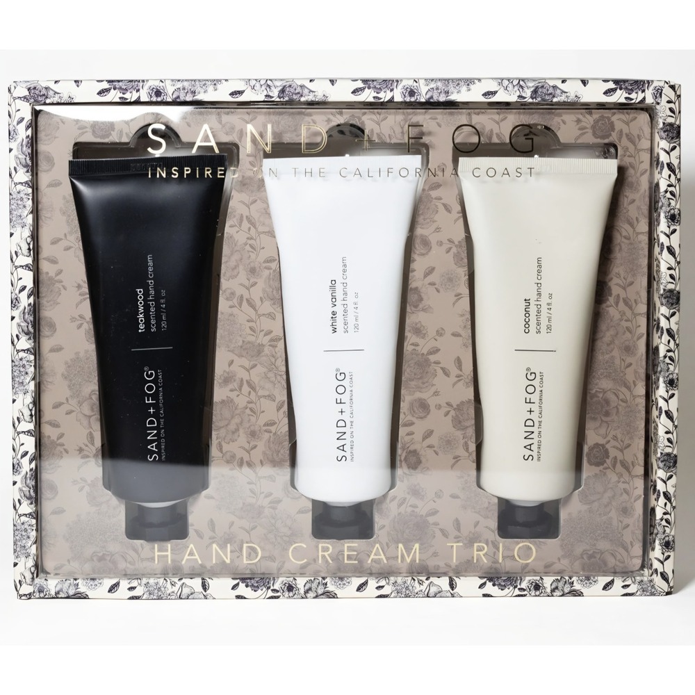 Sand and Fog 3 Tube Hand Cream Set‎ 4 Oz Teakwood, White Vanilla , Coconut NIB